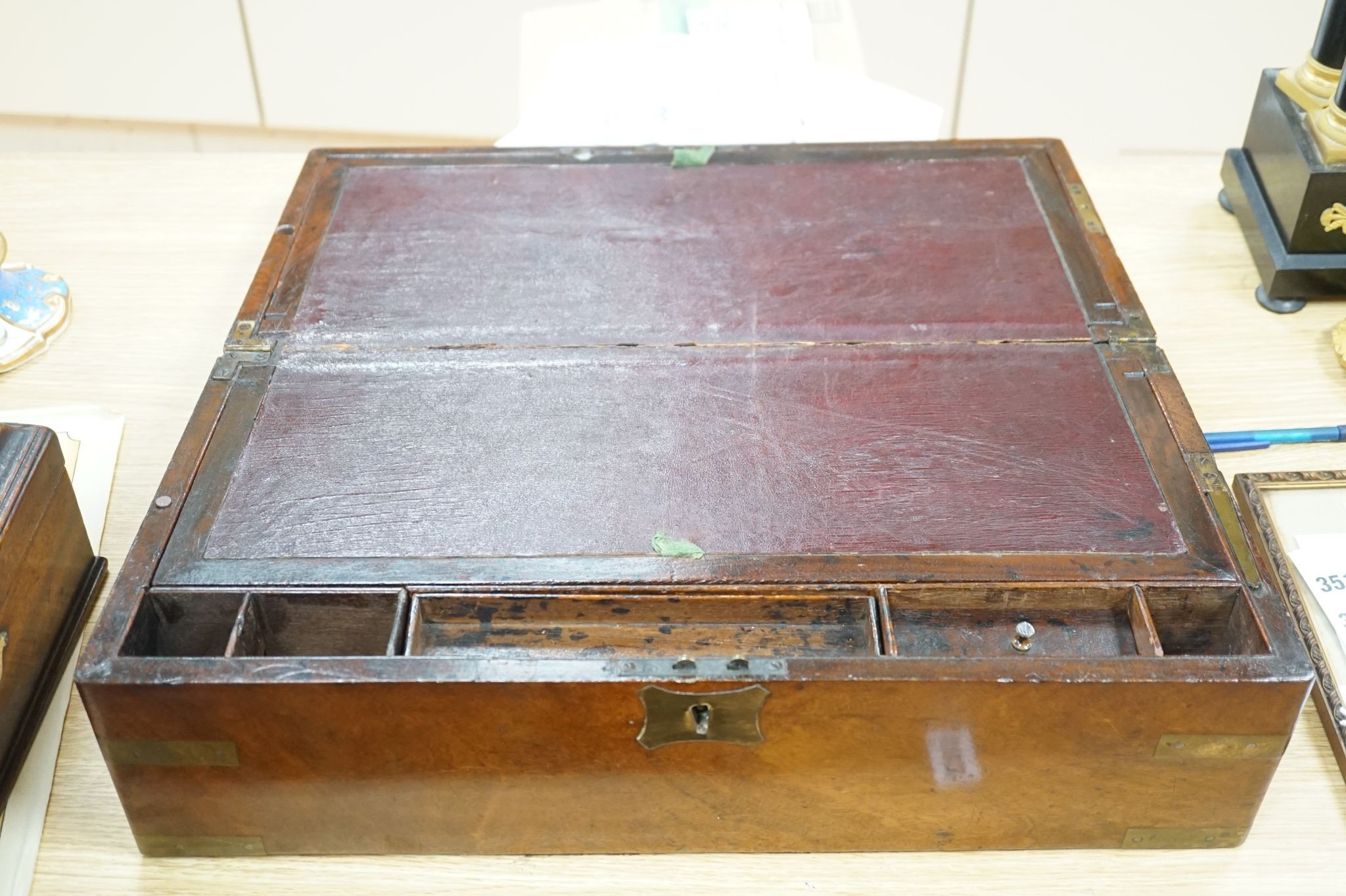 A Victorian mahogany writing slope and Chippendale-period mahogany tea caddy, Writing slope 50 cms wide.